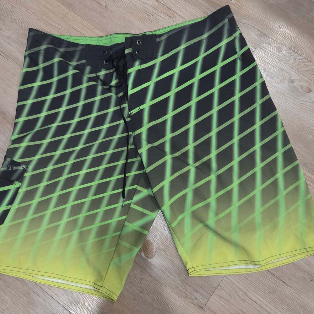 Hang Ten Men's Board Shorts Size 36  Neon Green Black Grid Pattern Surf Swim